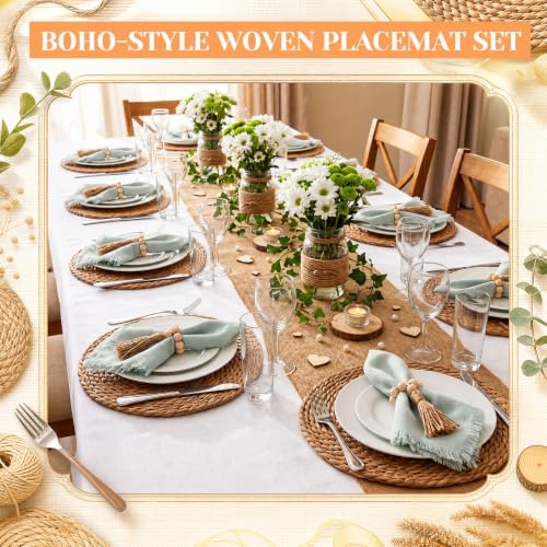 Fanfanwin Set of 6 Woven Placemats with Sage Green Napkins, 13" - color: Sage Green