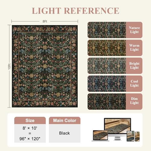 DUKINO 8x10 Area Rugs, Vintage Floral Washable Rug for Living Room, Black - color: Black, size: 8' x 10' (Rectangular)