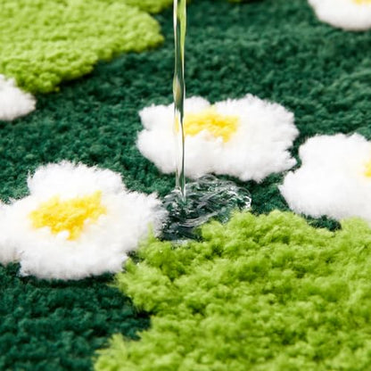 Cute Floral Bathroom Rugs Set 2 Piece, Non Slip Microfiber Green Grass Flowers Bath Mat 20x32 + Contour Toilet Rug 20x24 Machine Washable Great Absorbent, Boho Aesthetic Bath Mat Set for Bathroom - size: 20''W x 32''L + 20''W x 24''L