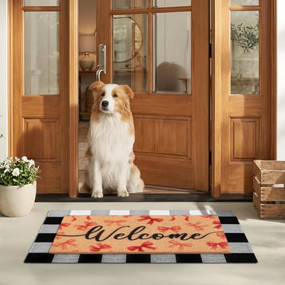 2-Piece Layered Welcome Mat Set - Coir Doormat & Buffalo Plaid Rug - color: Pink Bow