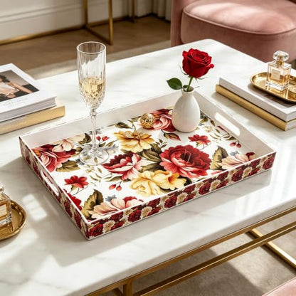 Serving Tray with Handles, 15.7 * 11.8 inches, Plastic Ottoman Tray with Exquisite Paintings, Trays for Coffee Table - color: Red Bloom