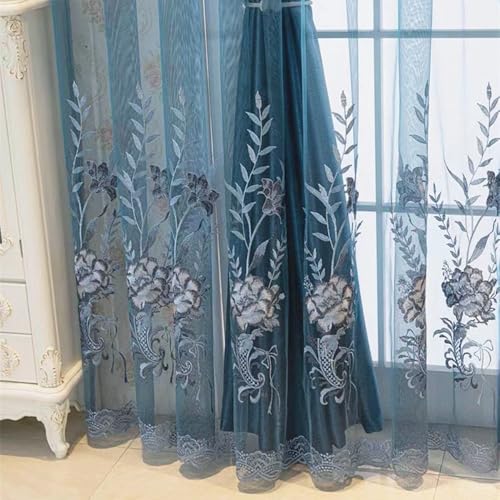 Amidoudou 1 Pair European Double Layer Curtains for Living Room Bedroom Luxury Peacock Flower Embroidered Curtains with Valance (Blue,51x96 Inch) - color: Blue, size: 51"W x 96"L (Pack of 2)