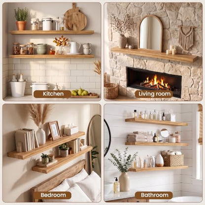fuqing Floating Shelves for Wall, 16 Inch Rustic Solid Elm Wood Shelves - color: Natural Elm Flat Edge - 6.7"d, size: 16"L - 2Packs