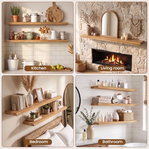 fuqing Floating Shelves for Wall, 16 Inch Rustic Solid Elm Wood Shelves - color: Natural Elm Flat Edge - 6.7"d, size: 16"L - 2Packs