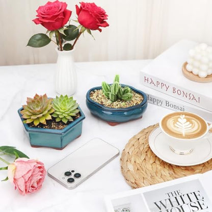 Bonsai Planter 5.7" 6" Small Succulent Glazed Pots Set of 2 + 6 Soft Mesh Drainage Screens - style: Style A&B