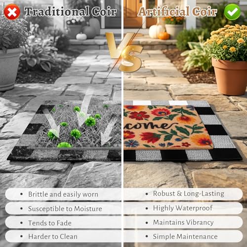 2-Piece Layered Welcome Mat Set - Coir Doormat & Buffalo Plaid Rug - color: Spring Flower 2