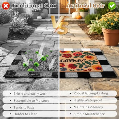 2-Piece Layered Welcome Mat Set - Coir Doormat & Buffalo Plaid Rug - color: Spring Flower 2