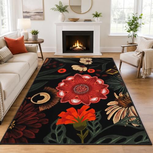 Tyrot Vintage Black Red Boho Floral Living Room Rug, 5x7 Rug Flat Woven Ultra-Thin Washable Botanical Area Rugs Non-Slip Low-Pile Carpet for Bedroom, Dining Room, Office, Kids Room - color: Crimson Shadow, size: 5' x 7' (Rectangular)