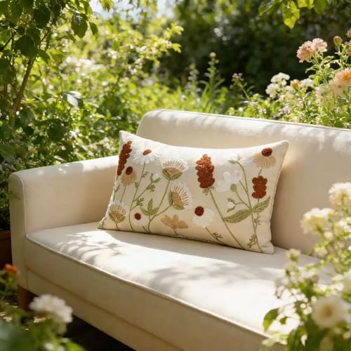 Embroidered Spring Lumbar Pillow Covers 20x12 Inch Set of 2 - Summer Floral Boho Farmhouse Decorative Pillows for Living Room Couch Sofa Bed Cushion Pillowcase (2, Blue and Orange, 20 x 12)