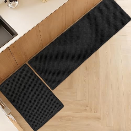 Luxury Waffle Bath Mat, Super Absorbent Non Slip Bathroom Rugs, Boho Ultra Soft Comfort Machine Washable Quick Dry Floor Mats with Tassels (Black, 17" x 24" + 24" x 72") - color: Black, size: 17" X 24" + 24" X 72"