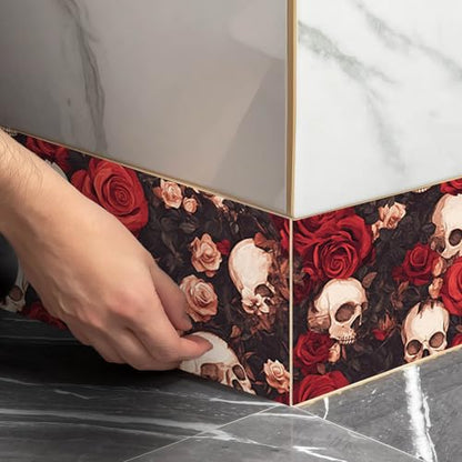 IVN Wallpaper Border Peel and Stick Wall Skull and Rose Floral 4x196 Inch - color: Halloween Skull Rose