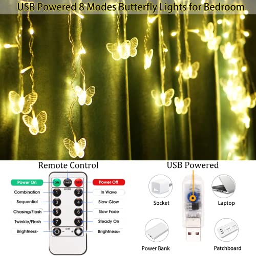 Butterfly Curtain Fairy Lights USB Plug in,120 LED 8 Modes 20FT Firefly Twinkle Icicle String Lights with Remote Timer Waterproof Copper Wire for Bedroom Patio Christmas Wedding Party Dorm(Warm White) - color: Warm White