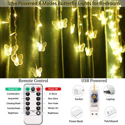 Butterfly Curtain Fairy Lights USB Plug in,120 LED 8 Modes 20FT Firefly Twinkle Icicle String Lights with Remote Timer Waterproof Copper Wire for Bedroom Patio Christmas Wedding Party Dorm(Warm White) - color: Warm White