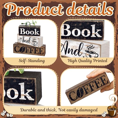 Moucuny 4 Pcs Farmhouse Table Decor Rustic Wooden Book and Coffee Signs - style: Coffee