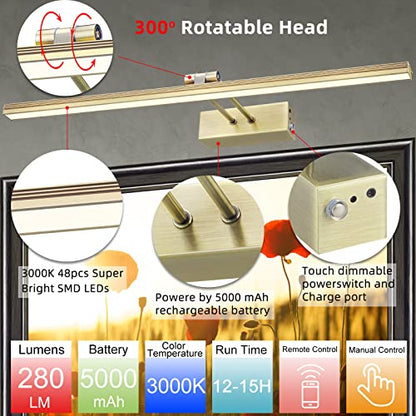 HEAGEERO Picture Lights for Wall,20in Gallery Light,5000mAh Art Light - color: Antique Brass-20"