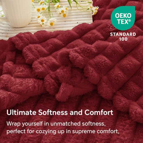 BEDELITE 3D Checked Burgundy Fleece Throw Blanket for Couch, 50x60 Inches - color: Burgundy, size: Throw(50"x60")