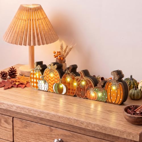 Yousoontic Fall Table Decorations, Light up Pumpkin Table Centerpieces Retro Wooden Sign Decor with LED Lights 3D Block Pumpkin Decor for Autumn Thanksgiving Harvest Farmhouse Home Mantel Desk Party - style: Retro Pumpkin