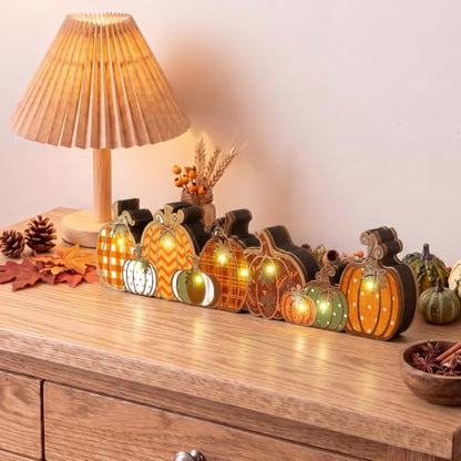 Yousoontic Fall Table Decorations, Light up Pumpkin Table Centerpieces Retro Wooden Sign Decor with LED Lights 3D Block Pumpkin Decor for Autumn Thanksgiving Harvest Farmhouse Home Mantel Desk Party - style: Retro Pumpkin