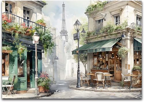 Framed Green Cafe Canvas Wall Art, 24"x16" European Street Scene - color: Green 01, size: 24"L x 16"W