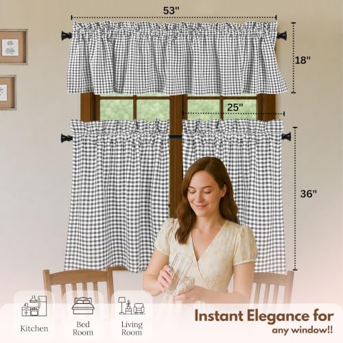 Native Fab Gingham Plaid Check 3 Pieces Window Curtain Tiers 26"x36" and Valance 54"x18" Set - Rod Pocket - Semi Sheer - Farmhouse Short Curtain for Kitchen, Bedroom, Bathroom - Grey and White - color: Grey White
