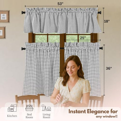 Native Fab Gingham Plaid Check 3 Pieces Window Curtain Tiers 26"x36" and Valance 54"x18" Set - Rod Pocket - Semi Sheer - Farmhouse Short Curtain for Kitchen, Bedroom, Bathroom - Grey and White - color: Grey White