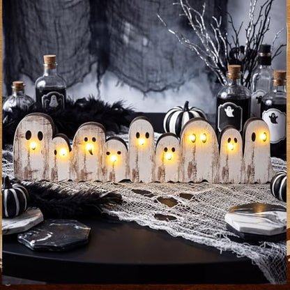 Yousoontic Halloween Ghost Decor, Light up Wooden Ghosts Table Centerpiece - style: Ghost