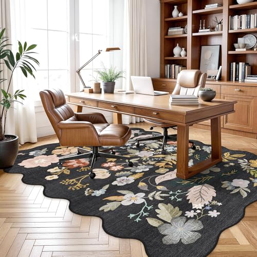 Scalloped Area Rugs 5x7: Non-Slip Washable Living Room Rug Black - color: Black, size: 5' x 7' (Rectangular)