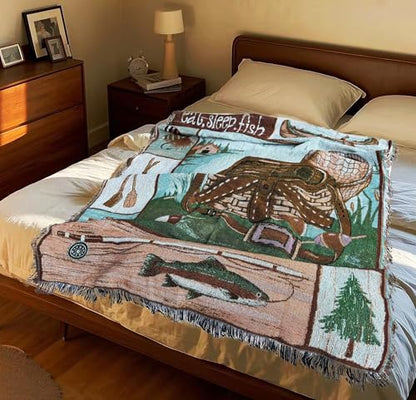 Go Fishing Camping Woven Tapestry Throw Blanket 50 X 60 Inches - color: Camping