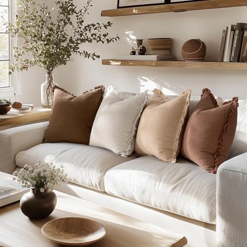 MIULEE Fall Linen Fringe Pillow Covers Set of 4 24x24 Beige/Brown - color: Brown, size: 24" x 24" (Pack of 4)