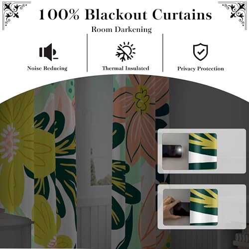 Tyrot Pink Green Botanical Blackout Curtains for Bedroom,52W x 84L,2 Panels - color: Rose Garden, size: 52"W x 84"L (Pack of 2)