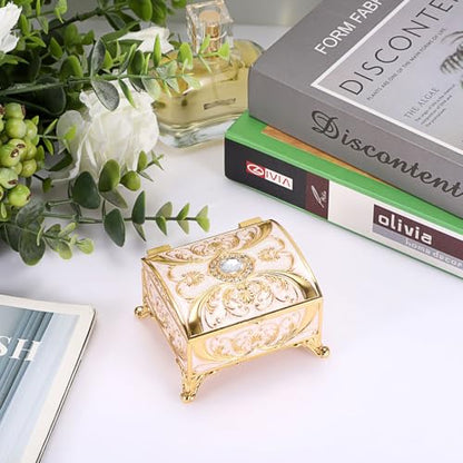 Small Jewelry Box Treasure Box Vinatge Enamel Trinket Organzier Hand Painted Jewelry Chest Case Golded Metal Jewelry Keepsake Box for Earrings Rings Gift for Christmas Wedding,Beige - style: Treasure Chest Style