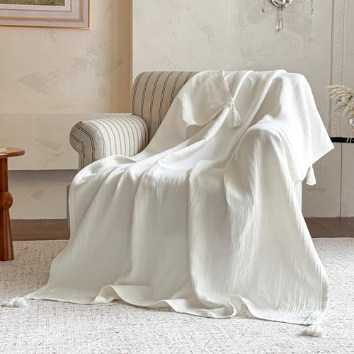 Simple&Opulence Linen Cotton Throw Blanket with Tassels, Double-Layer Flax Blend Blanket for Couch Sofa Bed, Soft Lightweight Breathable Boho Farmhouse Throw for All-Season (50"X60",White) - color: White, size: 50''x60''