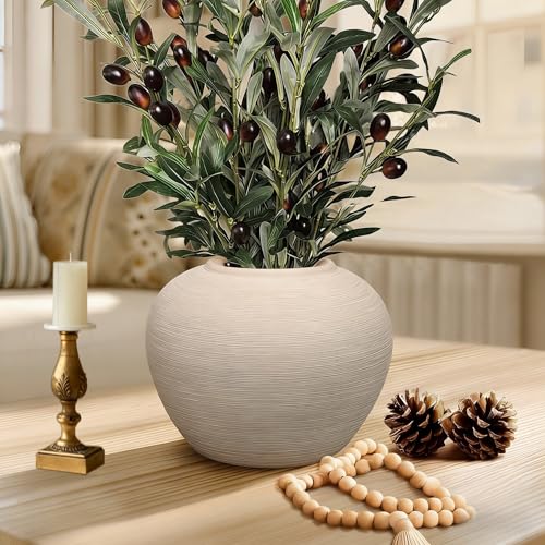 Ceramic Flower Vase Round Textured Vase,Farmhouse Vase(6" Tall, 7.7" Width) - size: 6 Inch-round-cream