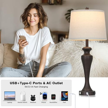 30 Inch Dark Brown Table Lamp Single, 3-Way Touch Control Bedside Lamp with USB A+C Ports and AC Outlet, Tall Living Room Lamps for End Table, Elegant Coffee Bedroom Lamps for Night stand, Coffee - color: Brown-1PK
