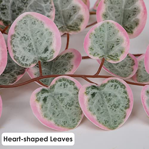 Briful Pink Fake Variegated String of Hearts Plant in White Ceramic Pot - color: Blush Pink and Sage Green Variegated