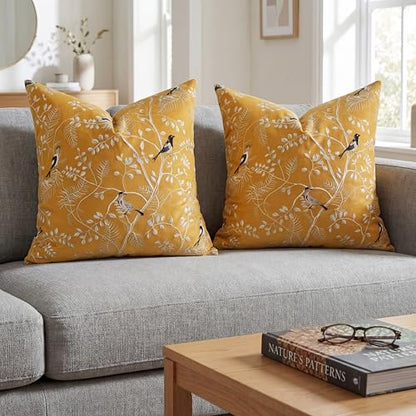 Decorative Velvet Pillow Covers 18x18 Set of 2, Bird Leaf Print Covers - color: Ochre