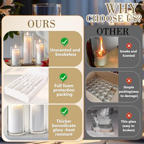 Homjoy 24 PCS Ivory White Pillar Candles with Glass Candle Holders Clear Hurricane Candle Holders Glass Cylinder Vases for Centerpieces Wedding Party, Event, Home Office (12 Candles+12 Candle Hoders) - style: 24 PCS Ivory White