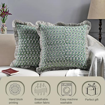 Ridhi Basil Green Block Print Ruffle Pillow Covers 18x18 Inch Set of 2 - color: Basil Green, size: 18" x 18" (Pack of 2)