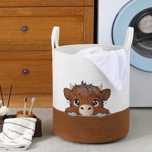 Honeydak Highland Cow Laundry Basket Brown Tall Cotton Rope Laundry Hamper - style: Highland Cow