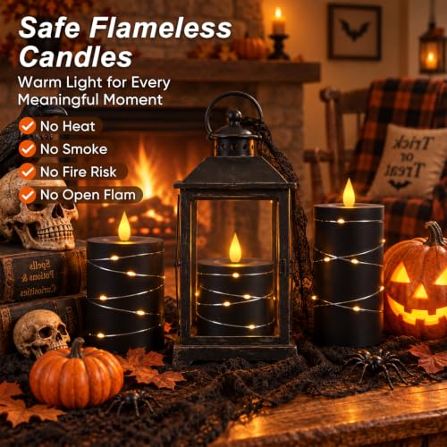 Raycare Halloween Battery Operated Flameless LED Pillar Candle with Remote - color: 3pcs-black
