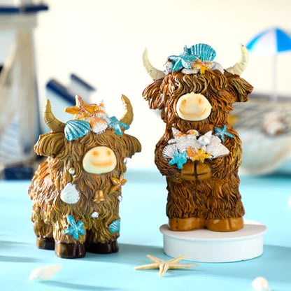 2 Pcs Coastal Highland Cow Figurines Decor, Beach Ocean Style - style: Beach