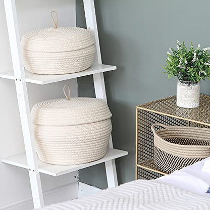 Sea Team Round Woven Cotton Rope Storage Basket with Lid, Cream - color: Cream, size: Large