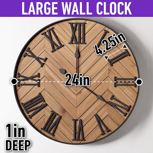Large Wall Clock 24" Round, Silent Metal & Wood with Big 3D Roman Numerals - color: Brown