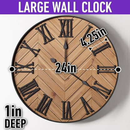 Large Wall Clock 24" Round, Silent Metal & Wood with Big 3D Roman Numerals - color: Brown