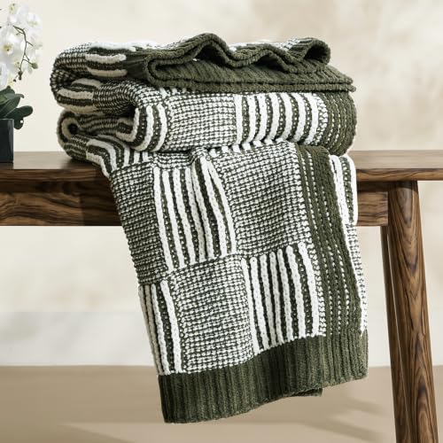 Amélie Home Checkered Knit Throw Blanket for Bed, Olive Green 60"x80" - color: Checkered Olive Green, size: 60" X 80"