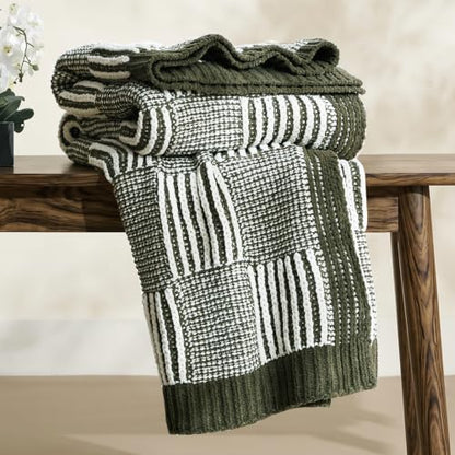 Amélie Home Checkered Knit Throw Blanket for Bed, Olive Green 60"x80" - color: Checkered Olive Green, size: 60" X 80"