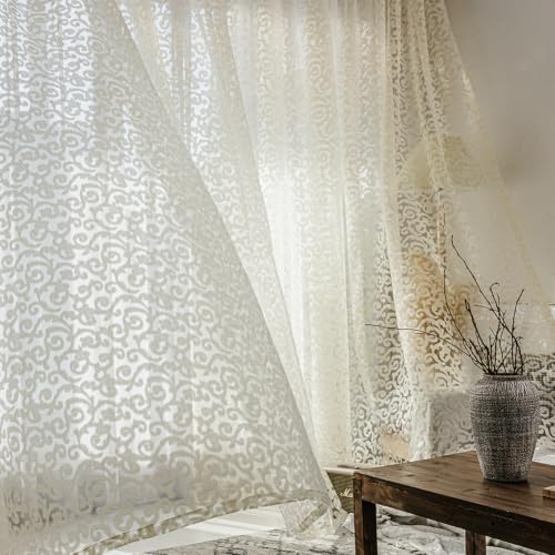 NAPEARL Sheer Cream Curtains Set of 2 Panels, Jacquard Sheer Curtains for Living Room, Organza Transparent Rod Pocket Window Drapes - color: Cream Scroll, size: 52"W x 84"L (Pack of 2)