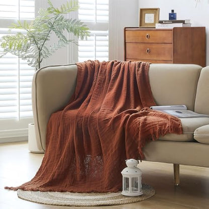 Cotton Muslin Throw Blanket with Tassels, 50 x 60 Inches, Lightweight Breathable Pre-Washed Gauze Blanket for Couch and Bed, All-Season Farmhouse Throw, Rust - color: Rust, size: 50" x 60"