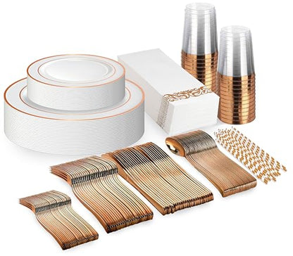 Neatiffy 225 Pcs Rose Gold Rim Plastic Dinnerware Set (25 Guests) | 25 x (Dinner Plate, Dessert Plate, Plastic Silverware, Cup, Napkin, Straw) | For Wedding, Luxurious Party, Special Event - color: Rose Gold