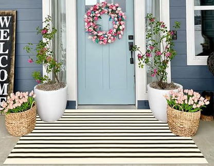 Washable Outdoor Rug 3'x5',Black and Beige Striped Area Rug - color: Beige Black, size: 3' x 5' (Rectangular)